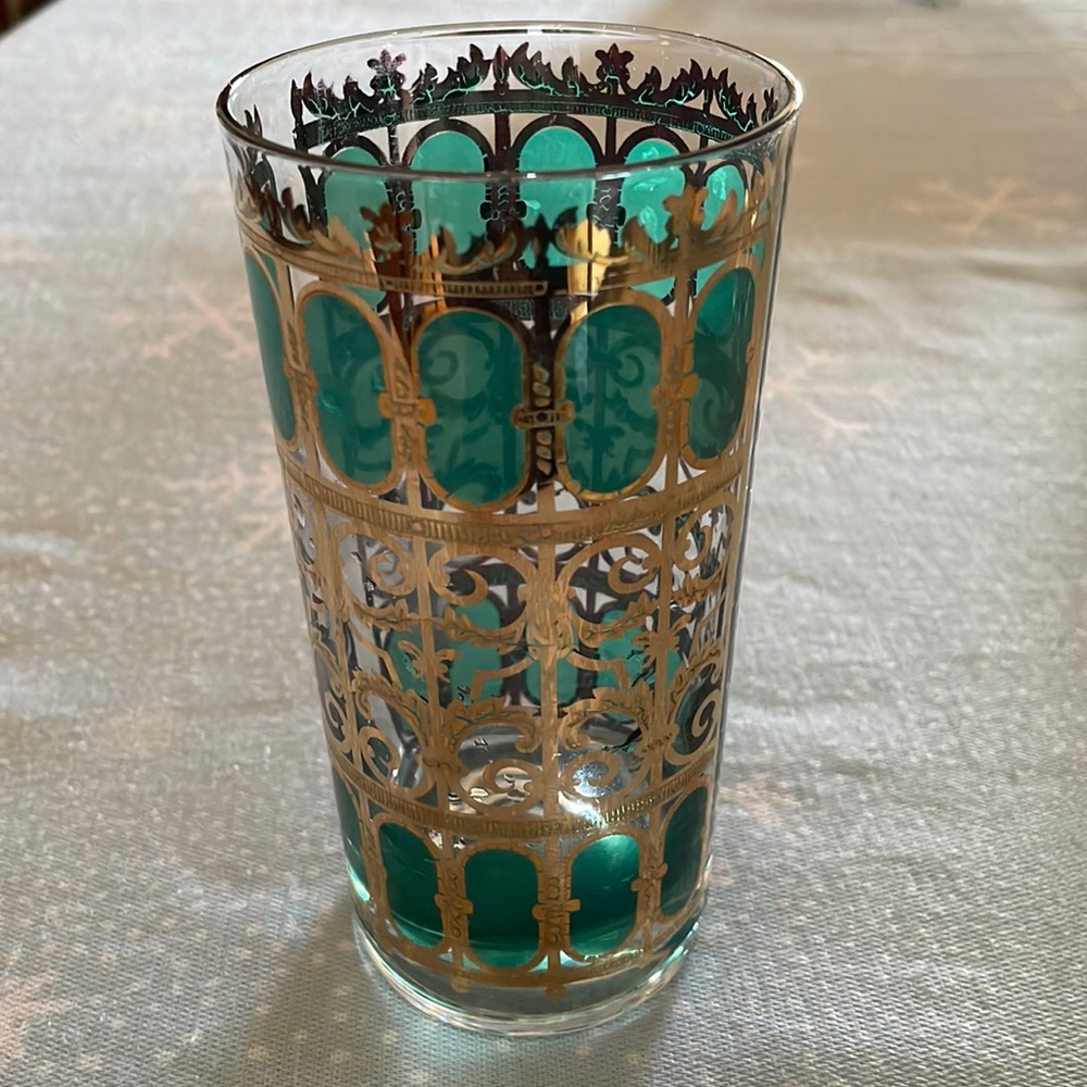Set - VTG Culver Emerald Scroll Highball Glasses